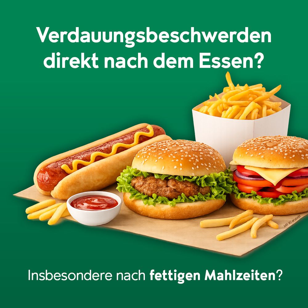 Verschiedene Fast-Food-Artikel: Hotdog, Burger, Pommes Frites. Text: Verdauungsbeschwerden direkt nach dem Essen? Insbesondere nach fettigen Mahlzeiten.