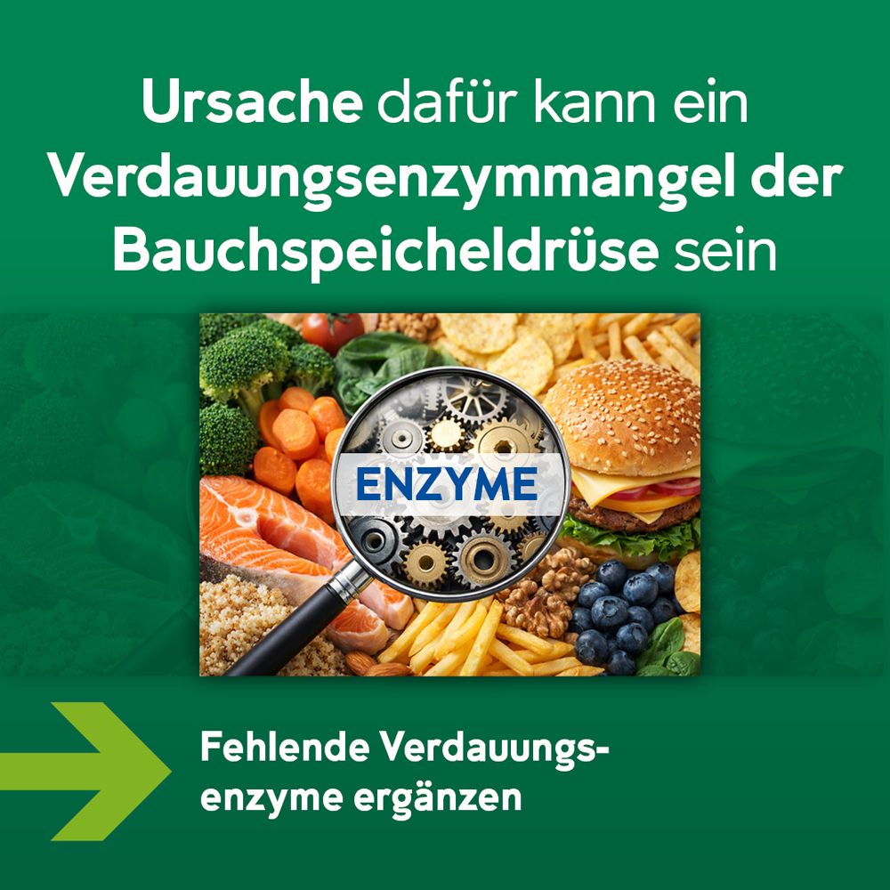 Vergrößerungsglas mit Text ENZYME über verschiedenen Lebensmitteln. Text: Ursache dafür kann ein Verdauungsenzymmangel der Bauchspeicheldrüse sein.
