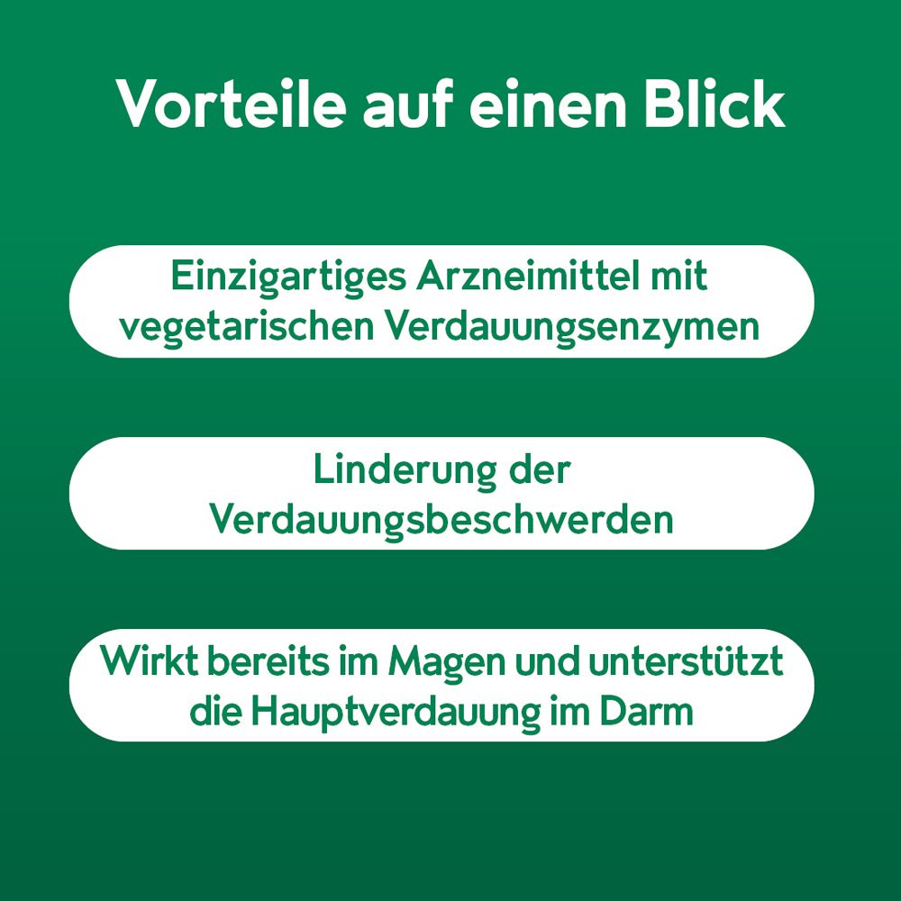Text: Vorteile auf einen Blick. Aufzählung: Einzigartiges Arzneimittel mit vegetarischen Verdauungsenzymen, Linderung der Verdauungsbeschwerden, Wirkt bereits im Magen.