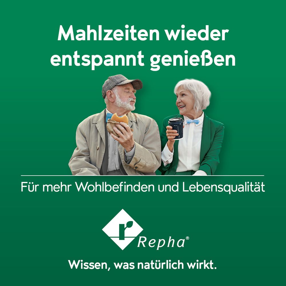 Älteres Ehepaar beim Essen. Text: Mahlzeiten wieder entspannt genießen. Für mehr Wohlbefinden und Lebensqualität. Repha Logo. Wissen, was natürlich wirkt.