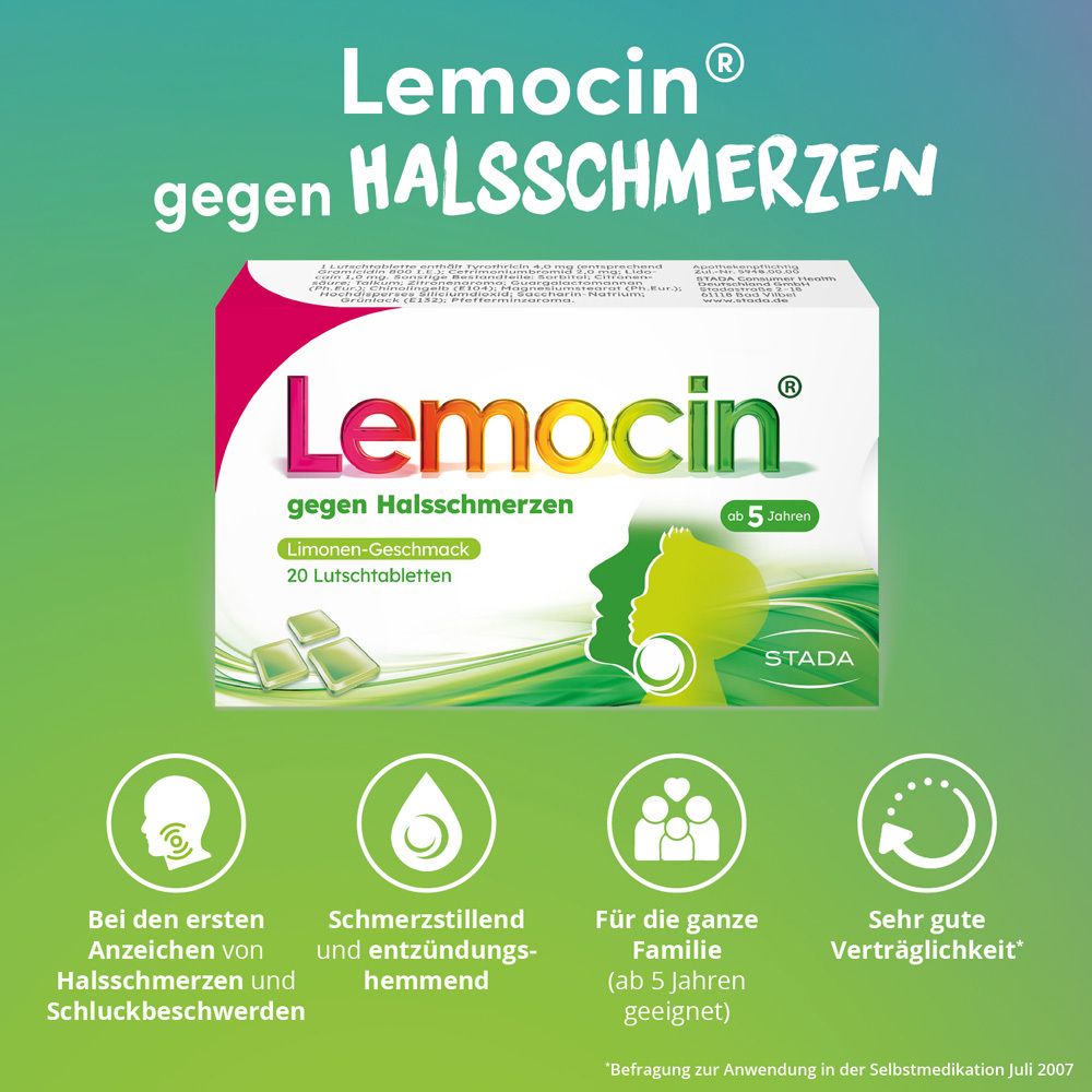 Lemocin® gegen Halsschmerzen Limettengeschmack ab 5 Jahren
