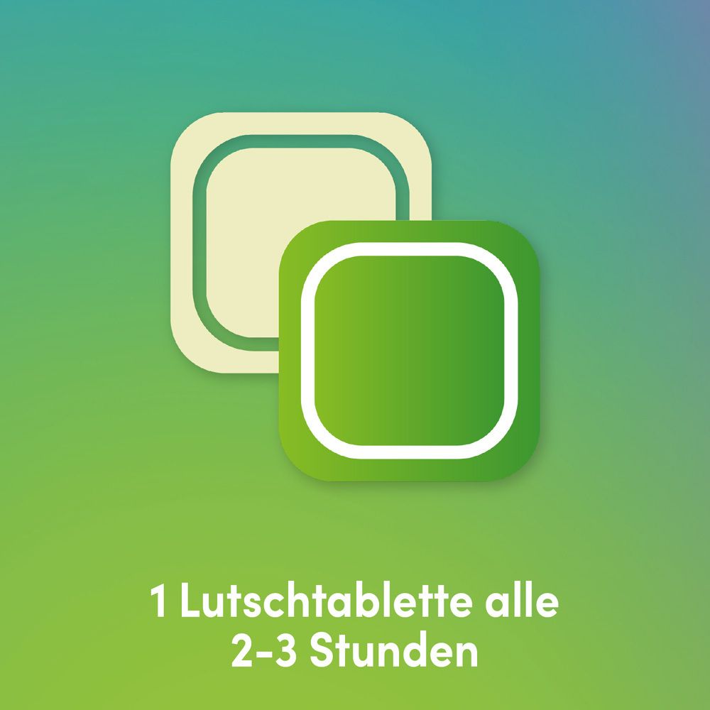Zwei grüne Lutschtabletten. Text: 1 Lutschtablette alle 2-3 Stunden.