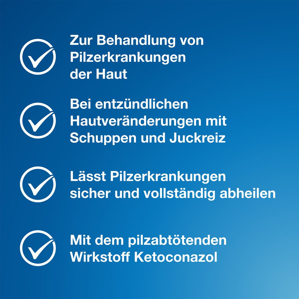 Text auf blauem Hintergrund: Vorteile von Terzolin®: Behandlung von Pilzerkrankungen, bei Hautveränderungen, sichere Abheilung, Wirkstoff Ketoconazol.
