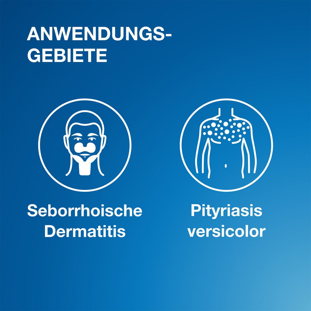 Anwendungsgebiete: Seborrhoische Dermatitis und Pityriasis versicolor, dargestellt durch Piktogramme.