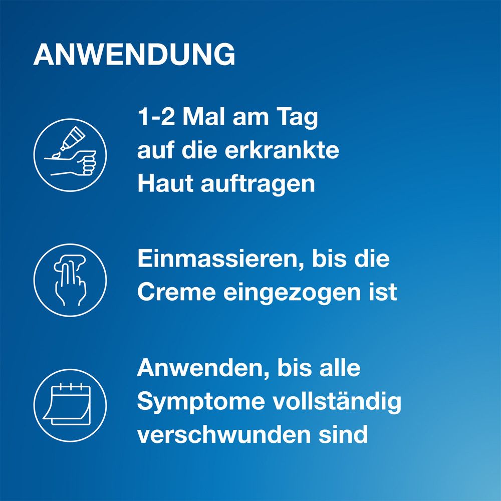 Anwendung: 1-2 mal täglich auftragen, einmassieren, bis die Creme eingezogen ist, anwenden bis Symptome verschwunden sind.