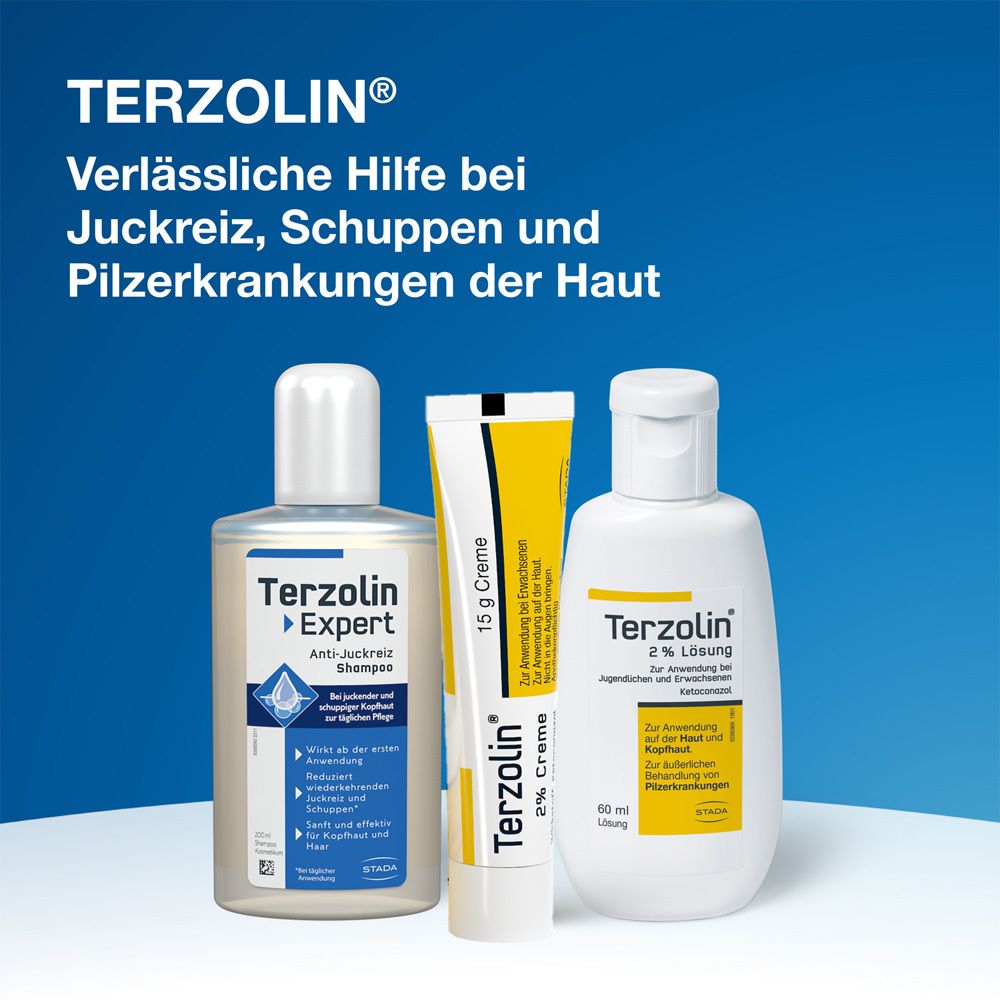 Drei Produkte: Terzolin® Expert Shampoo, Terzolin® 2% Creme, Terzolin® 2% Lösung. Alle in weiß-gelber Verpackung.