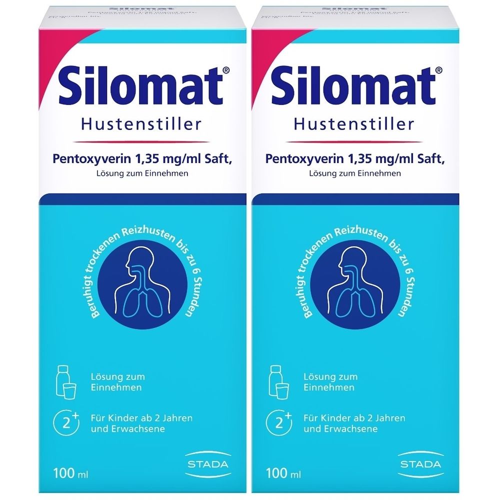 Zwei Packungen Hustenstiller. Blaue und weiße Verpackung mit Produktnamen und Informationen. Logo mit Lunge und Hals.