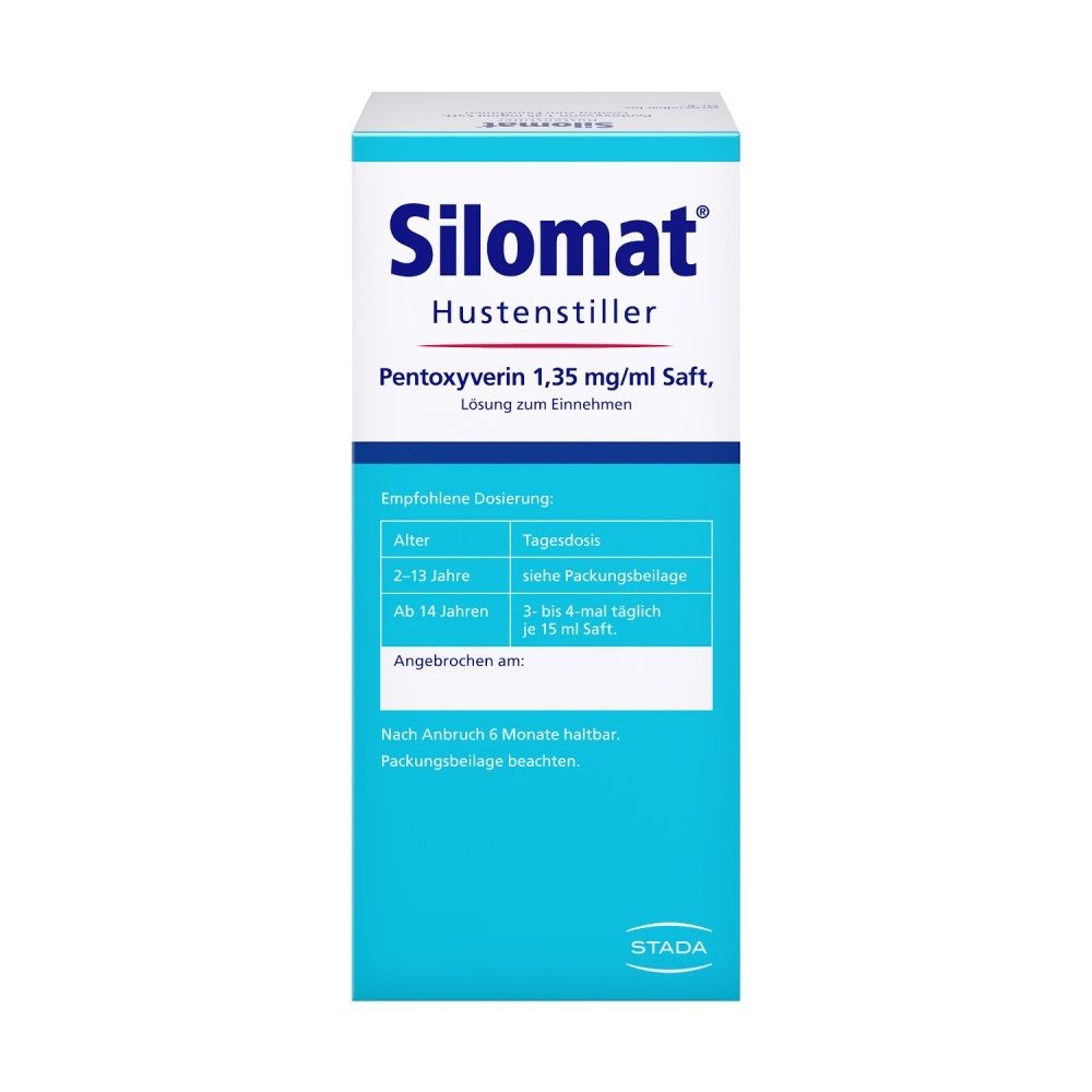 Packung Silomat Hustenstiller Pentoxyverin Saft 100ml. Mit Dosierungsinformationen und STADA Logo.