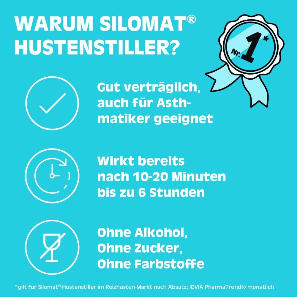Silomat Hustenstiller: Gut verträglich, wirkt schnell, ohne Alkohol/Zucker/Farbstoffe. Nr. 1 Auszeichnung.