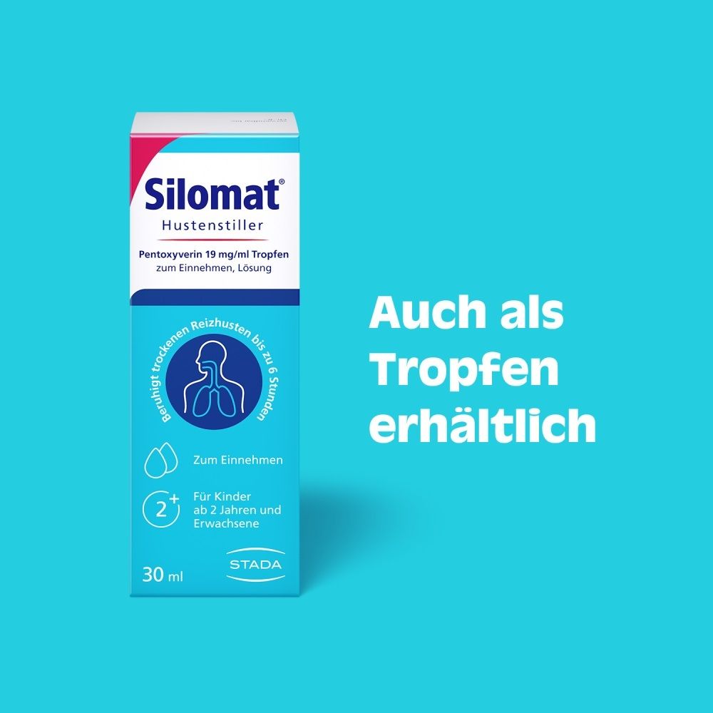 Silomat Hustenstiller Pentoxyverin Tropfen 30ml. Auch als Tropfen erhältlich, für Kinder ab 2 Jahren.