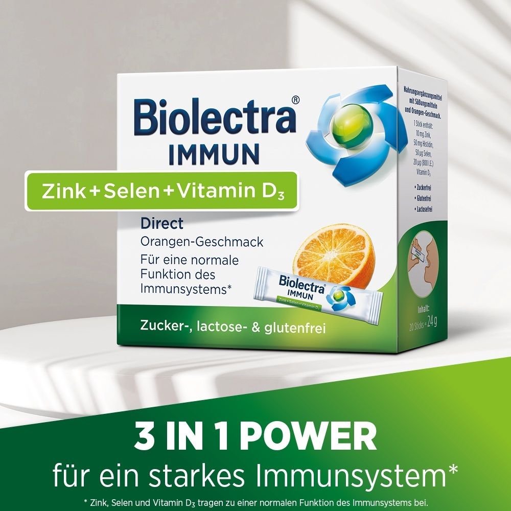 Packung Biolectra Immun Direct Orange, Zink+Selen+Vitamin D3, zuckerfrei.
