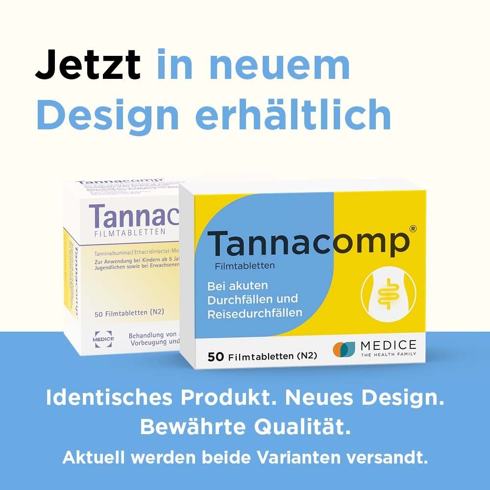 Tannacomp® Filmtabletten in neuer Verpackung. Gelb-blaue Schachtel. Text: Bei Durchfällen und Reisedurchfällen. 50 Filmtabletten.
