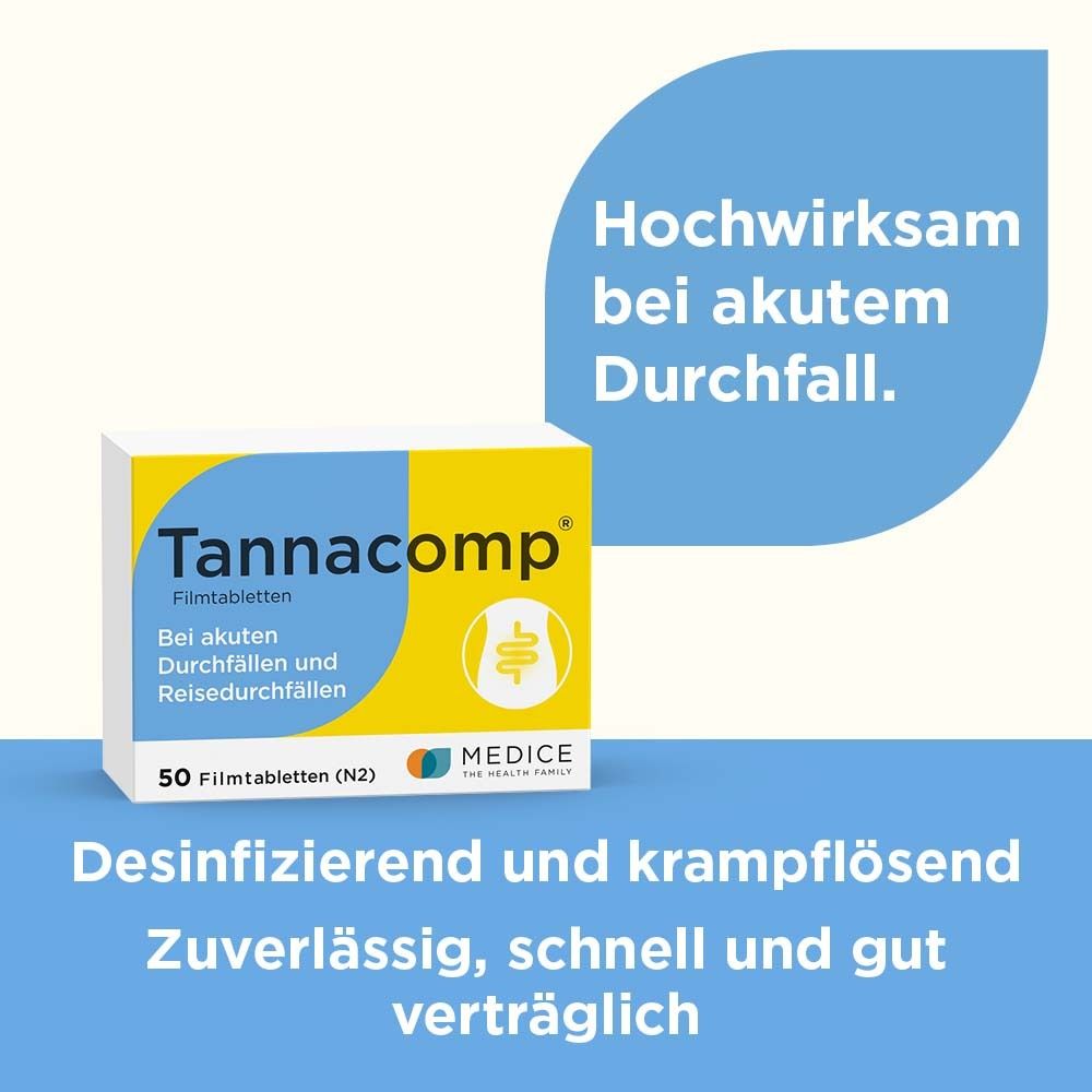 Schachtel Tannacomp® Filmtabletten. Gelb-blauer Hintergrund. Text: Bei akuten Durchfall. 50 Filmtabletten (N2).