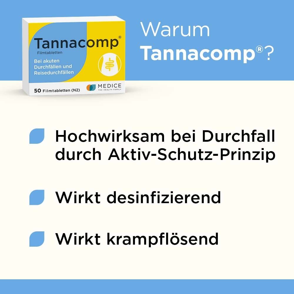 Tannacomp® Filmtabletten-Packung. Text: Bei Durchfall. Aufzählung: Hochwirksam, desinfizierend, krampflösend.