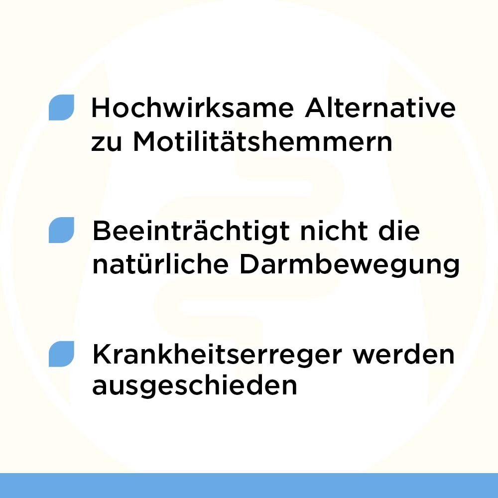 Text: Hochwirksame Alternative zu Motilitätshemmern. Beeinträchtigt nicht die natürliche Darmbewegung. Krankheitserreger werden ausgeschieden.