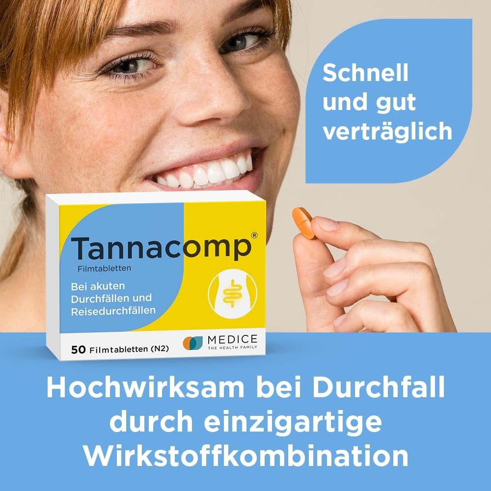 Frau hält Tablette. Tannacomp® Filmtabletten-Packung. Text: Bei Durchfall. 50 Filmtabletten (N2).