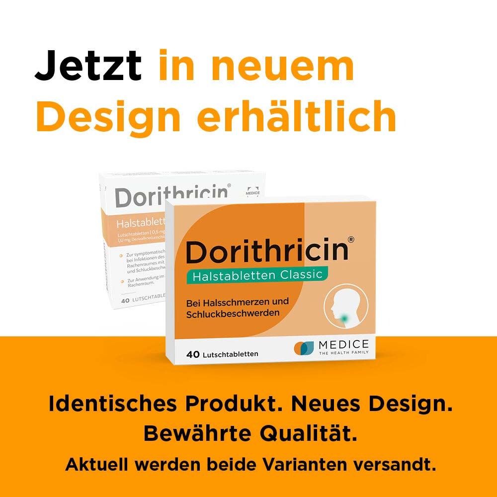 Werbung: Dorithricin® Classic Packung. Text: Jetzt in neuem Design erhältlich. Identisches Produkt. Neues Design. Bewährte Qualität.