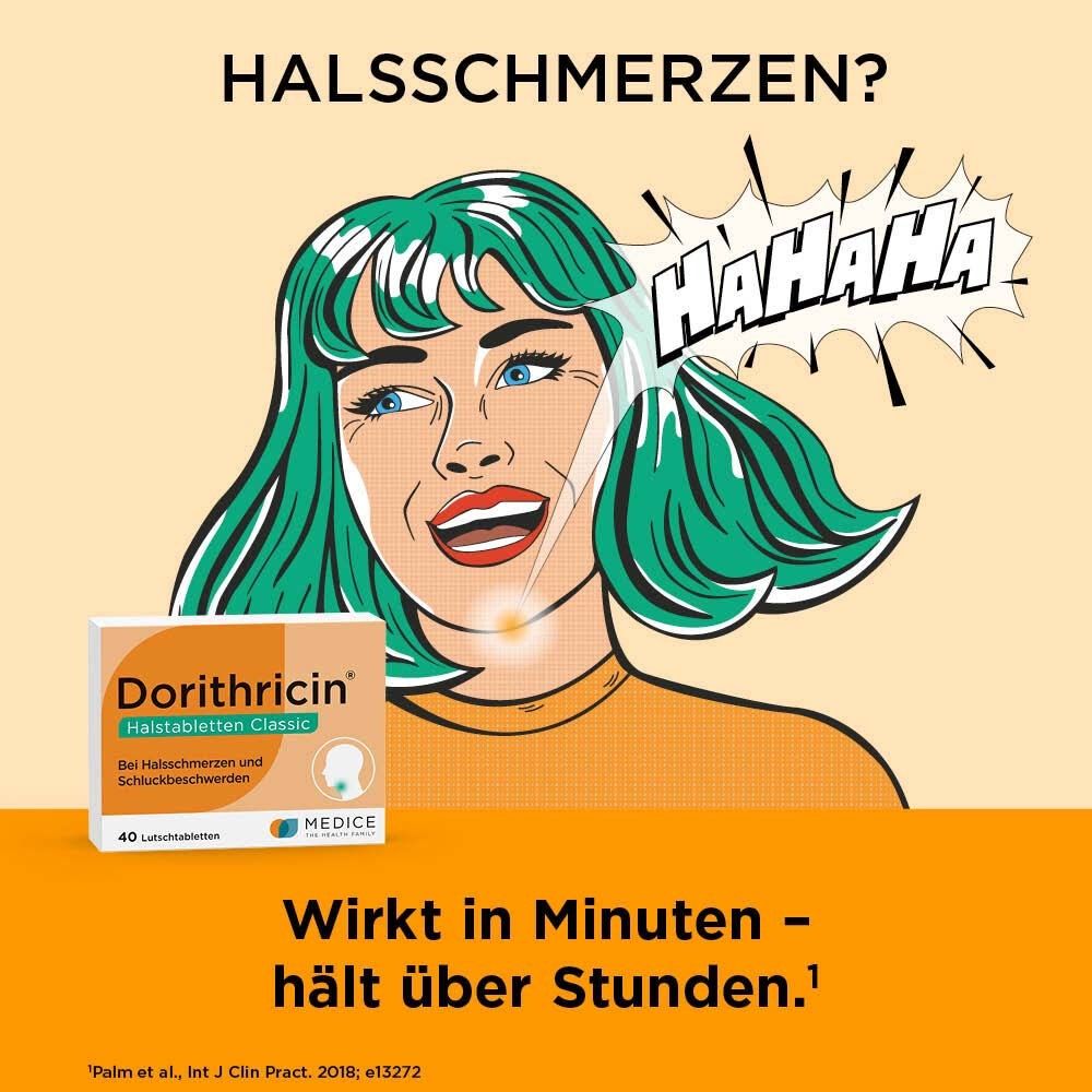 Comic-Illustration einer Frau mit Halsschmerzen. Dorithricin® Classic Packung. Text: Wirkt in Minuten - hält über Stunden.