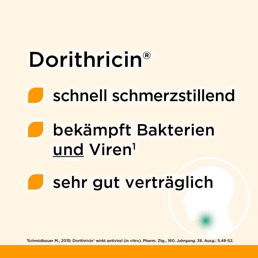 Text: Dorithricin®. Schnell schmerzlindernd, bekämpft Bakterien und Viren, sehr gut verträglich. Abbildung eines Halses.
