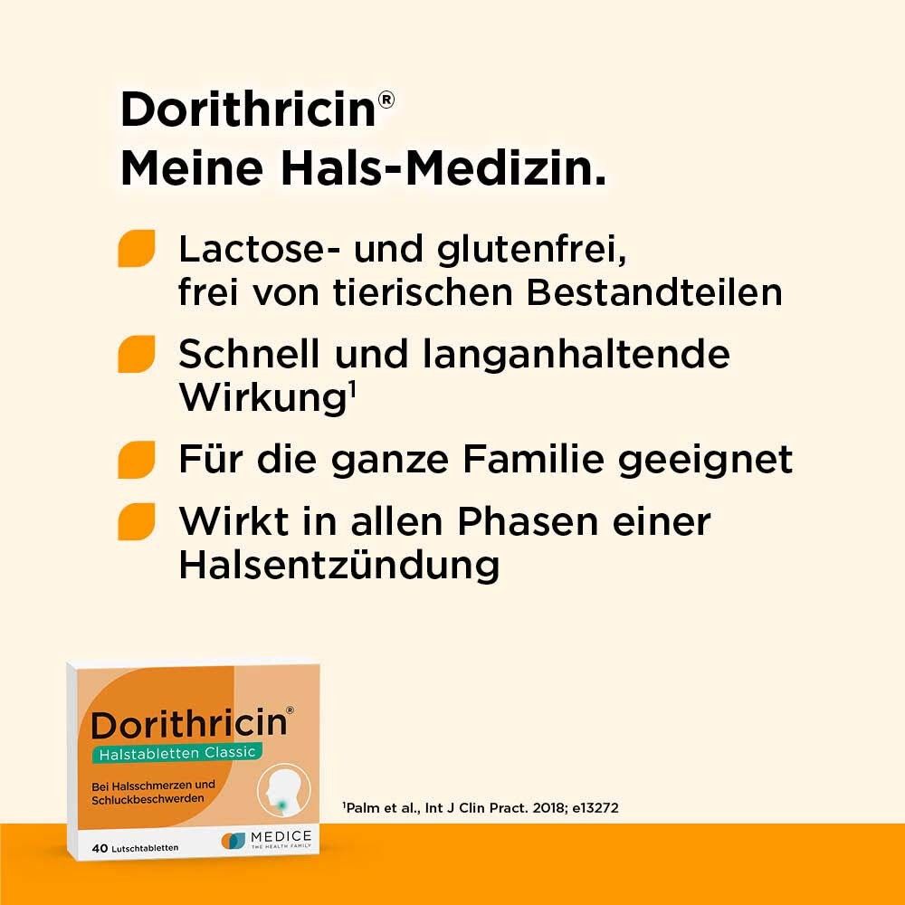 Text: Dorithricin®. Lactose- und glutenfrei, schnell und langanhaltende Wirkung, für die ganze Familie geeignet. Packung.