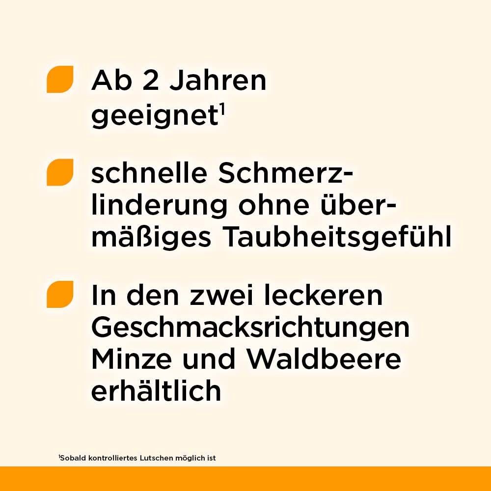 Text: Dorithricin®. Geeignet ab 2 Jahren, schnelle Schmerzlinderung, in zwei Geschmacksrichtungen Minze und Waldbeere erhältlich.