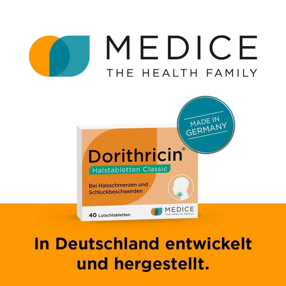 Dorithricin® Classic Packung. Logo: MEDICE. Text: In Deutschland entwickelt und hergestellt. Made in Germany.