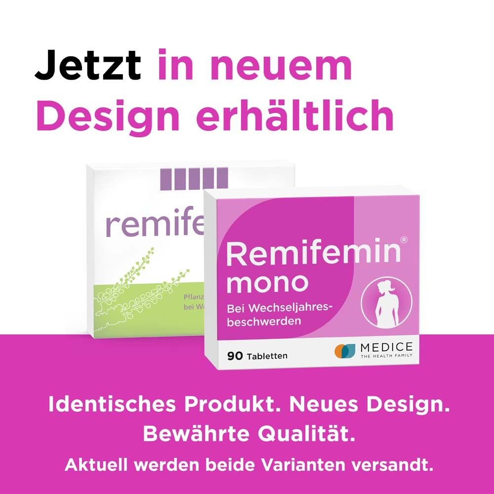 Zwei Packungen Remifemin mono. Text: Jetzt in neuem Design erhältlich. Identisches Produkt. Neues Design. Bewährte Qualität.