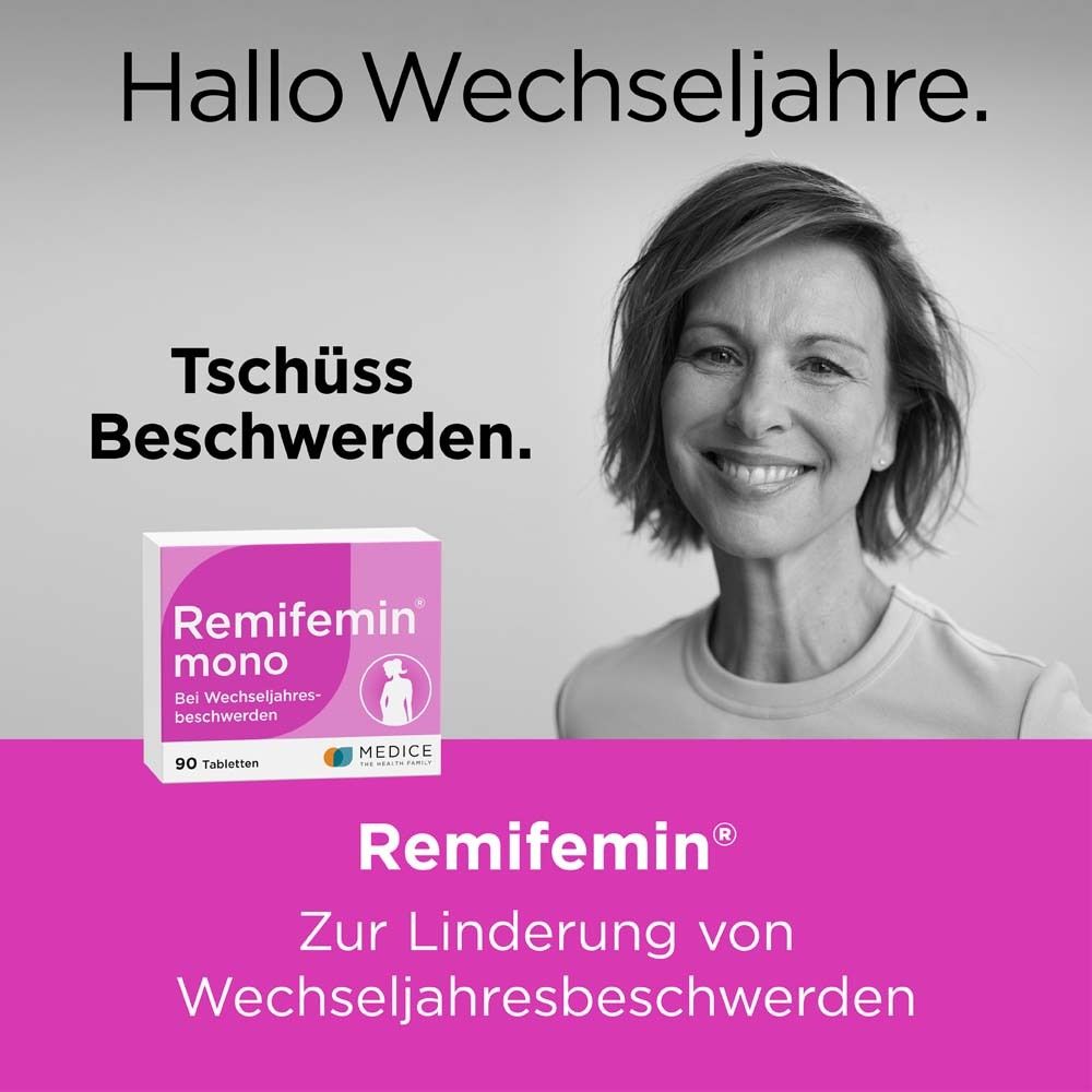 Frau lächelt. Packung Remifemin mono. Text: Hallo Wechseljahre. Tschüss Beschwerden. Zur Linderung von Wechseljahresbeschwerden.