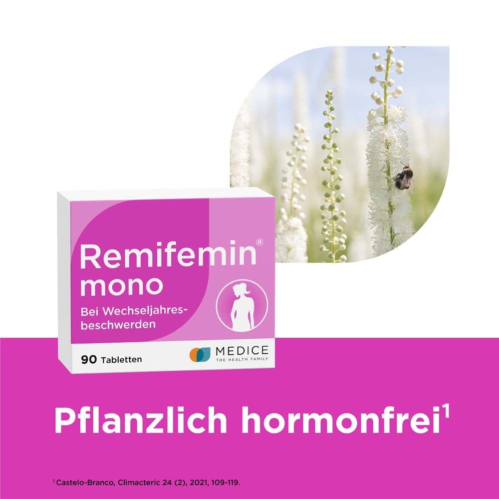Packung Remifemin mono vor Pflanzen. Text: Pflanzlich hormonfrei.