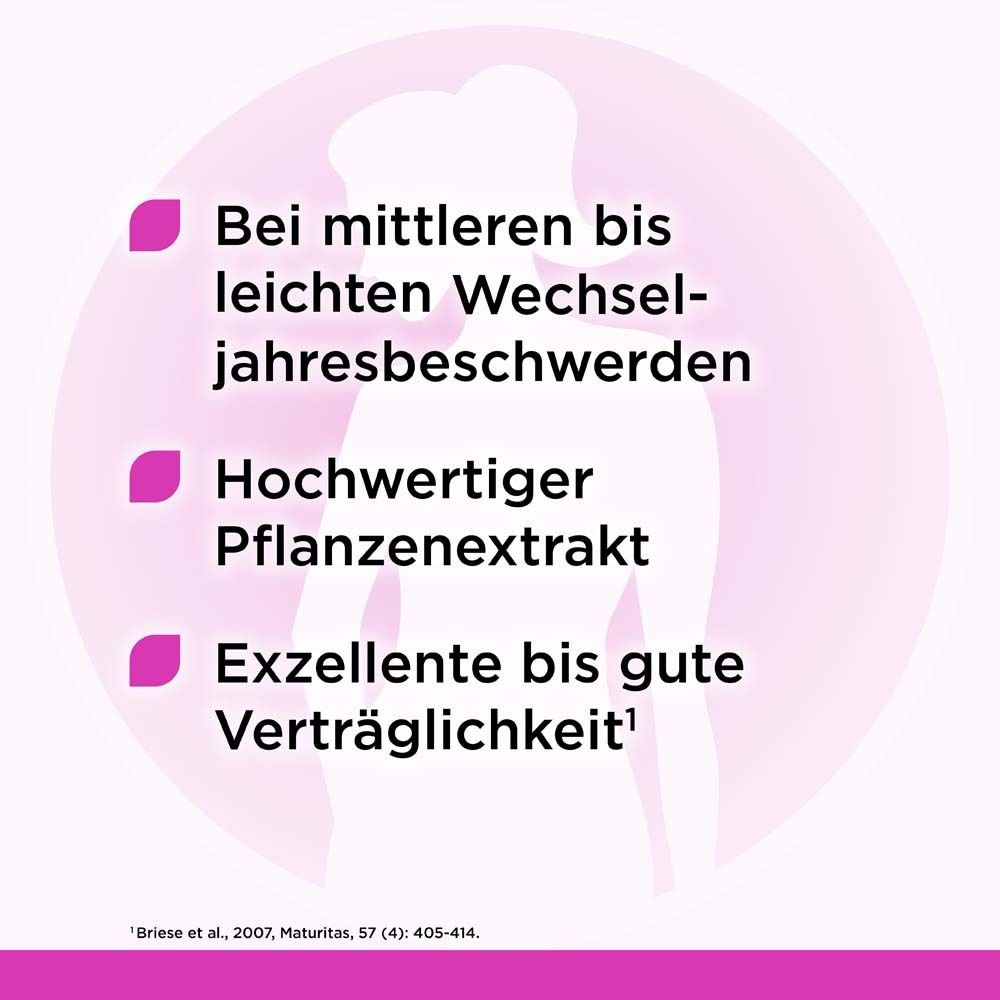 Text: Bei mittleren bis leichten Wechseljahresbeschwerden. Hochwertiger Pflanzenextrakt. Exzellente bis gute Verträglichkeit.