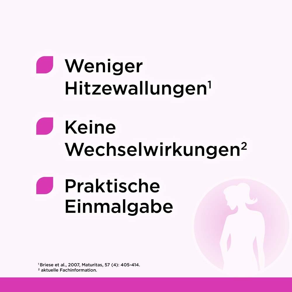 Text: Weniger Hitzewallungen. Keine Wechselwirkungen. Praktische Einmalgabe.