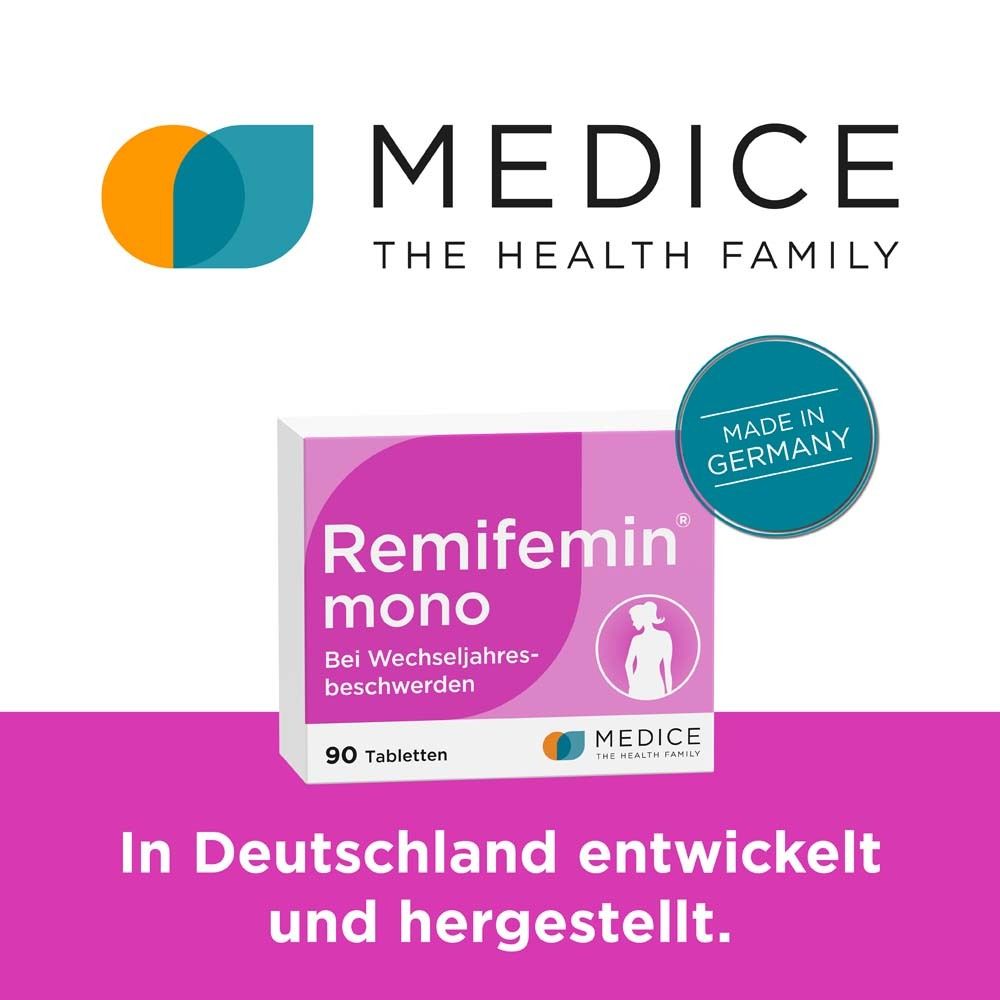 Packung Remifemin mono, Logo MEDICE, Text: In Deutschland entwickelt und hergestellt. Made in Germany.