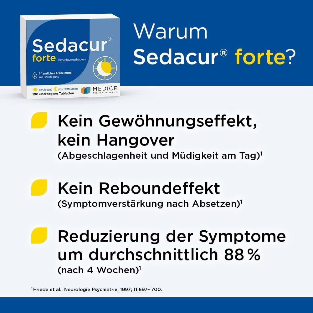 Sedacur forte Packung. Weiß-blaue Schachtel. Text: 'Warum Sedacur forte?'. Gelbe Icons mit Text: 'Kein Gewöhnungseffekt', 'Kein Hangover'.