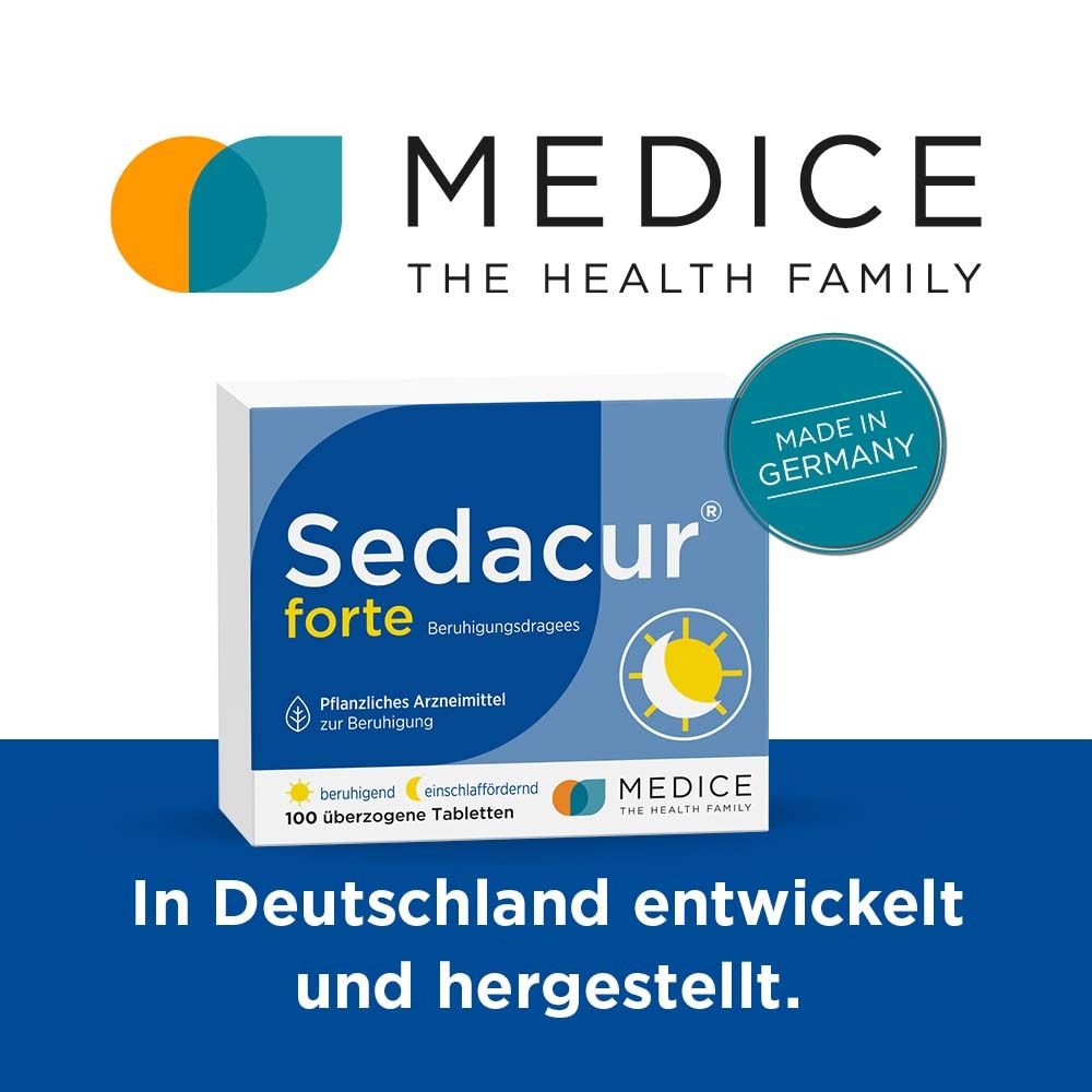 Sedacur forte Packung. Weiß-blaue Schachtel. Logo: 'MEDICE The Health Family'. Text: 'In Deutschland entwickelt und hergestellt'.