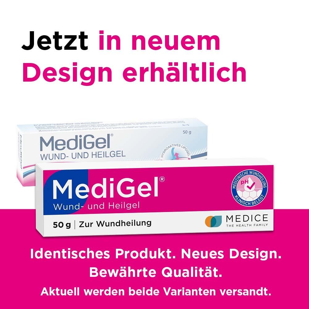 MediGel-Tube und Verpackung. Aufschrift: MediGel Wund- und Heilgel. 50g. Zur Wundheilung. Neues Design.