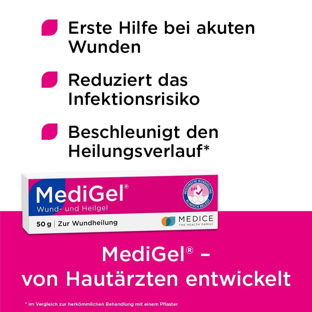 MediGel-Tube. Aufschrift: MediGel Wund- und Heilgel. 50g. Zur Wundheilung. Text: Erste Hilfe bei akuten Wunden.