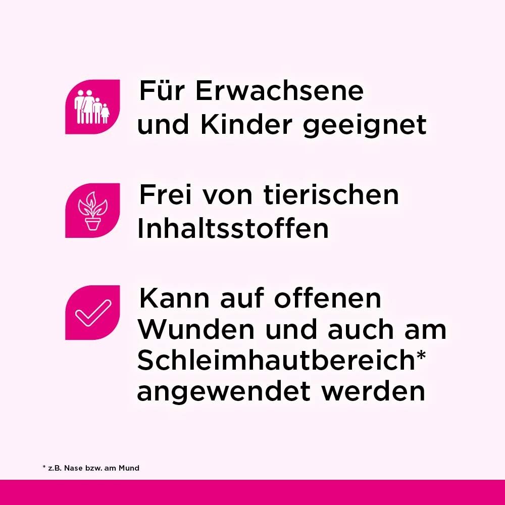 Text: Für Erwachsene und Kinder geeignet. Frei von tierischen Inhaltsstoffen. Kann auf offenen Wunden angewendet werden.