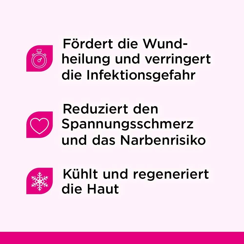 Text: Fördert die Wundheilung. Reduziert Spannungsschmerz und Narbenrisiko. Kühlt und regeneriert die Haut.