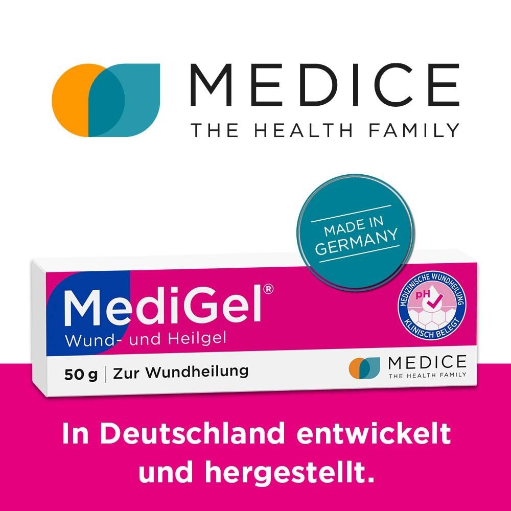 MediGel-Tube. Aufschrift: MediGel Wund- und Heilgel. 50g. Zur Wundheilung. Made in Germany. MEDICE Logo.