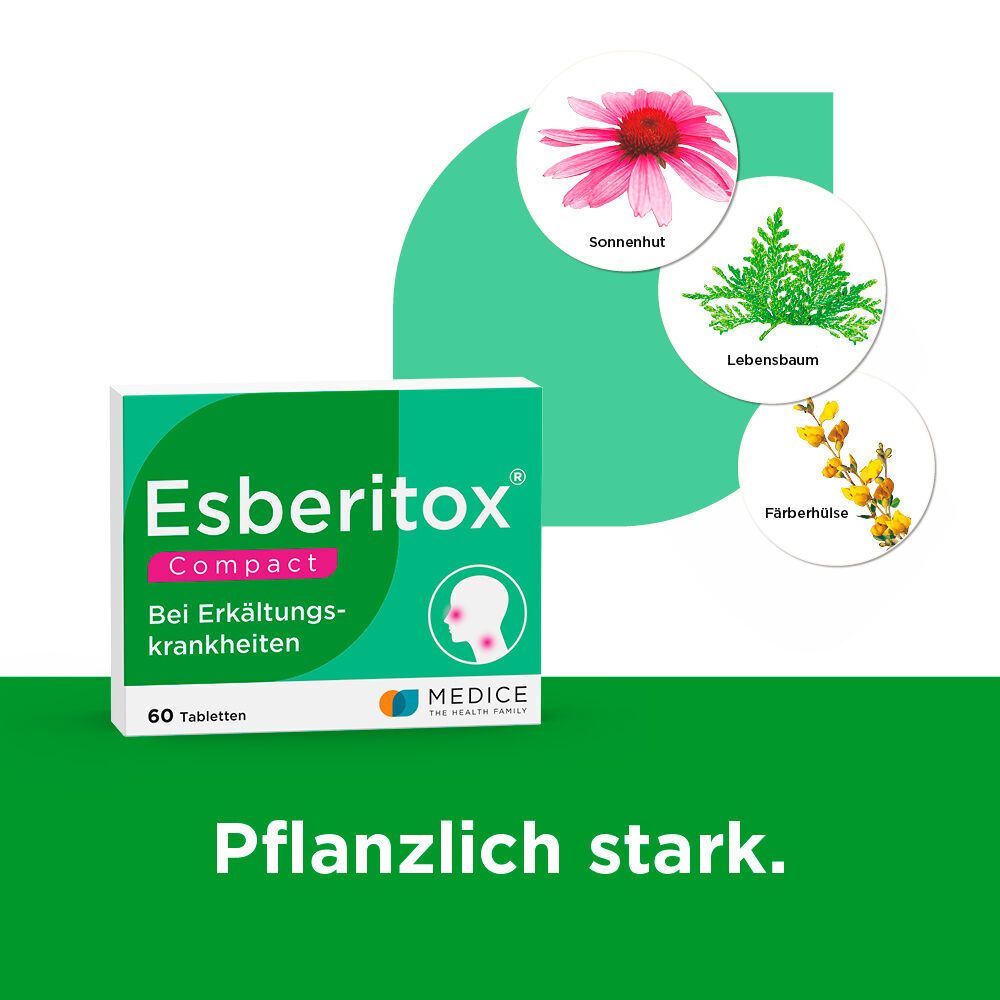Esberitox COMPACT Packung mit Abbildungen von Sonnenhut, Lebensbaum und Färberhülse.
