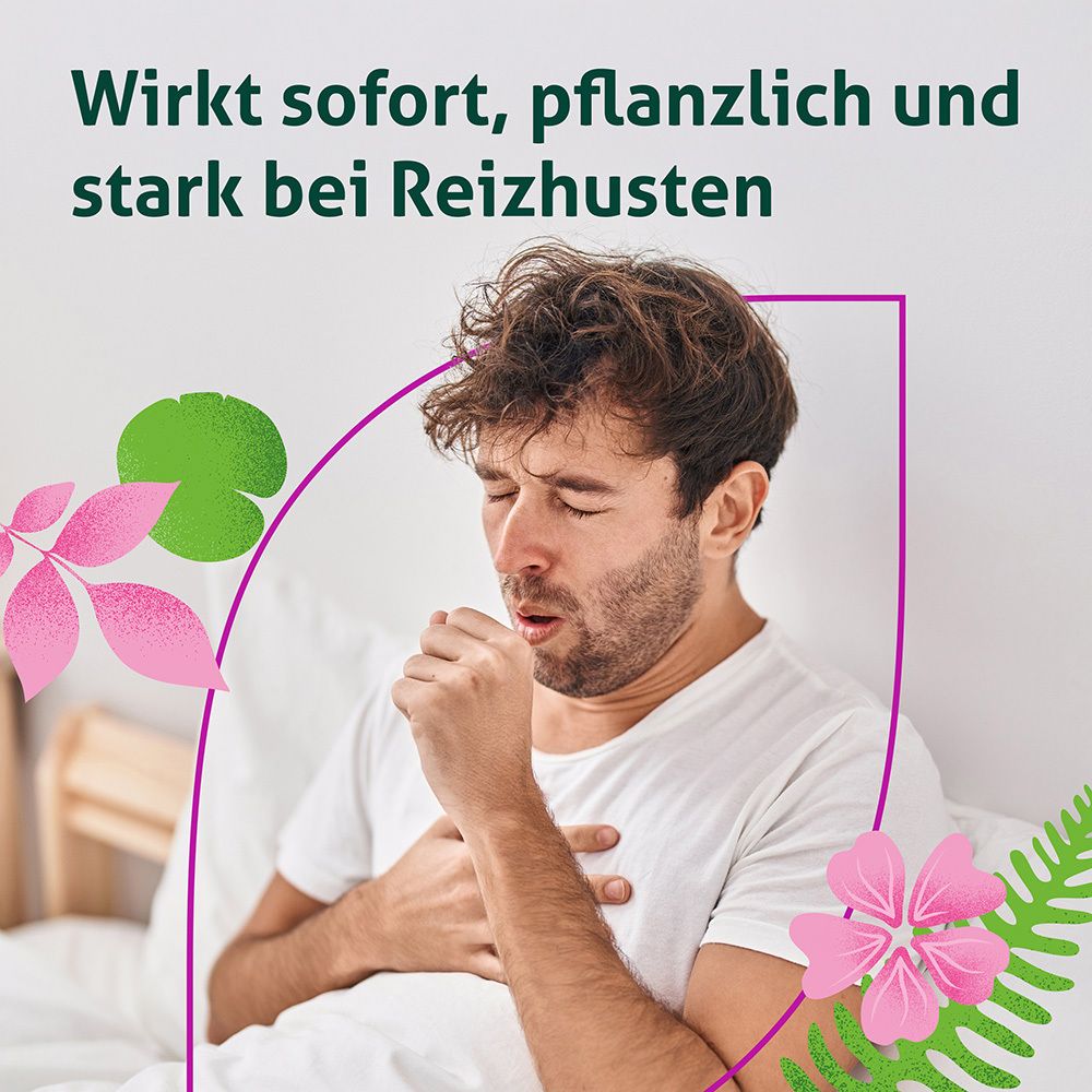 Mann im Bett hustet. Text: Wirkt sofort, pflanzlich und stark bei Reizhusten. Dekorative Blätter und Blüten.