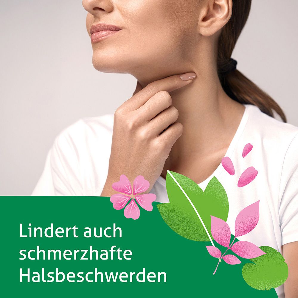 Frau berührt Hals. Text: Lindert auch schmerzhafte Halsbeschwerden. Dekorative Blätter und Blüten.