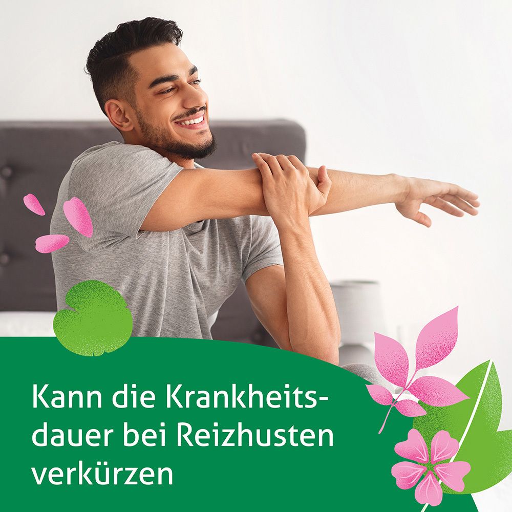 Mann lächelt und dehnt sich. Text: Kann die Krankheitsdauer bei Reizhusten verkürzen. Dekorative Blätter und Blüten.
