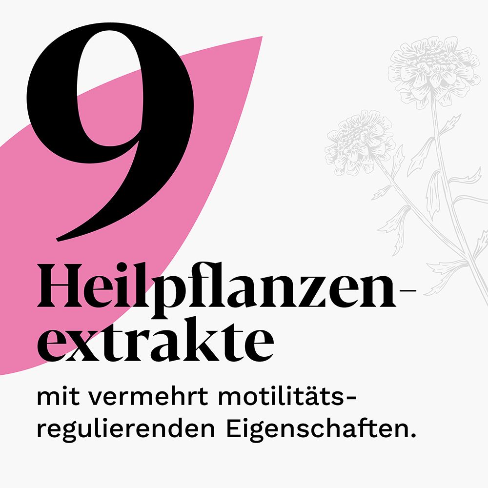 Große Ziffer '9' neben Text über 9 Heilpflanzenextrakte mit motilitätsregulierenden Eigenschaften.