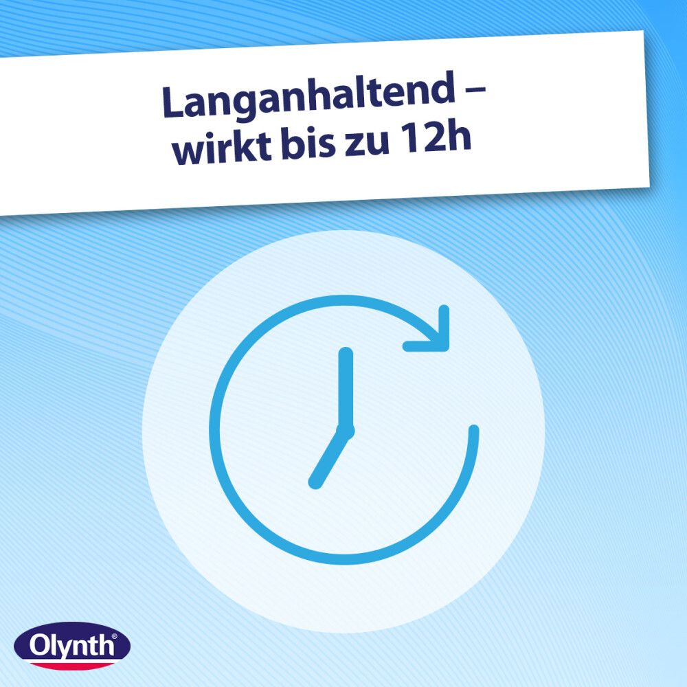 Kreis mit Uhr-Symbol und Pfeil. Aufschrift: Langanhaltend - wirkt bis zu 12h. Olynth Logo.