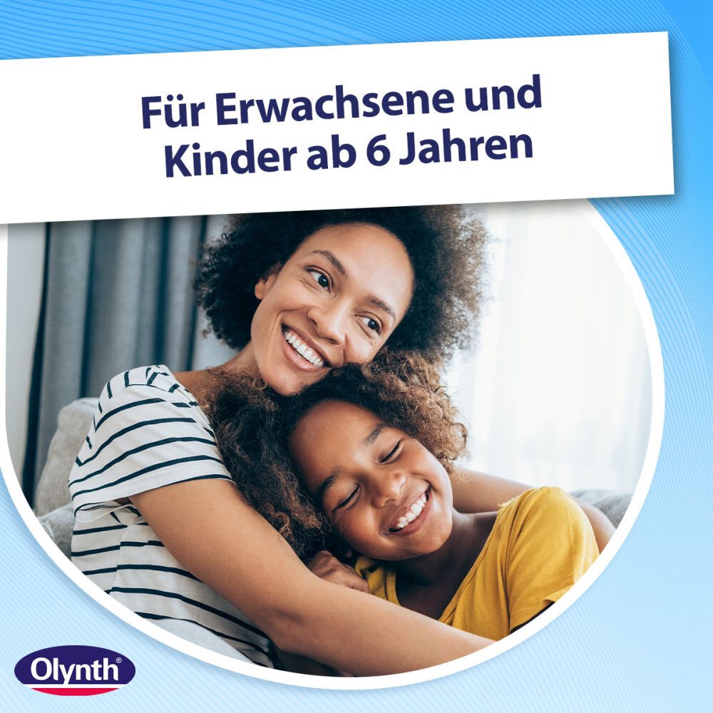 Mutter und Kind lächeln. Aufschrift: Für Erwachsene und Kinder ab 6 Jahren. Olynth Logo.