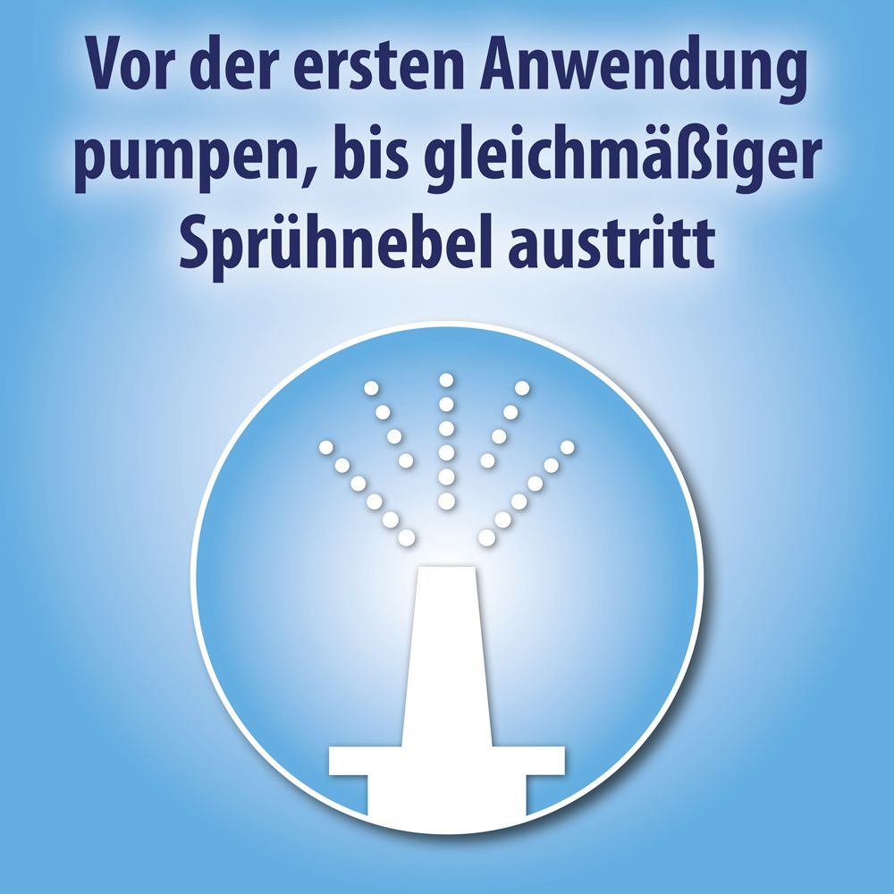 Kreis mit Sprühnebel-Symbol. Aufschrift: Vor der ersten Anwendung pumpen, bis gleichmäßiger Sprühnebel austritt. Olynth Logo.