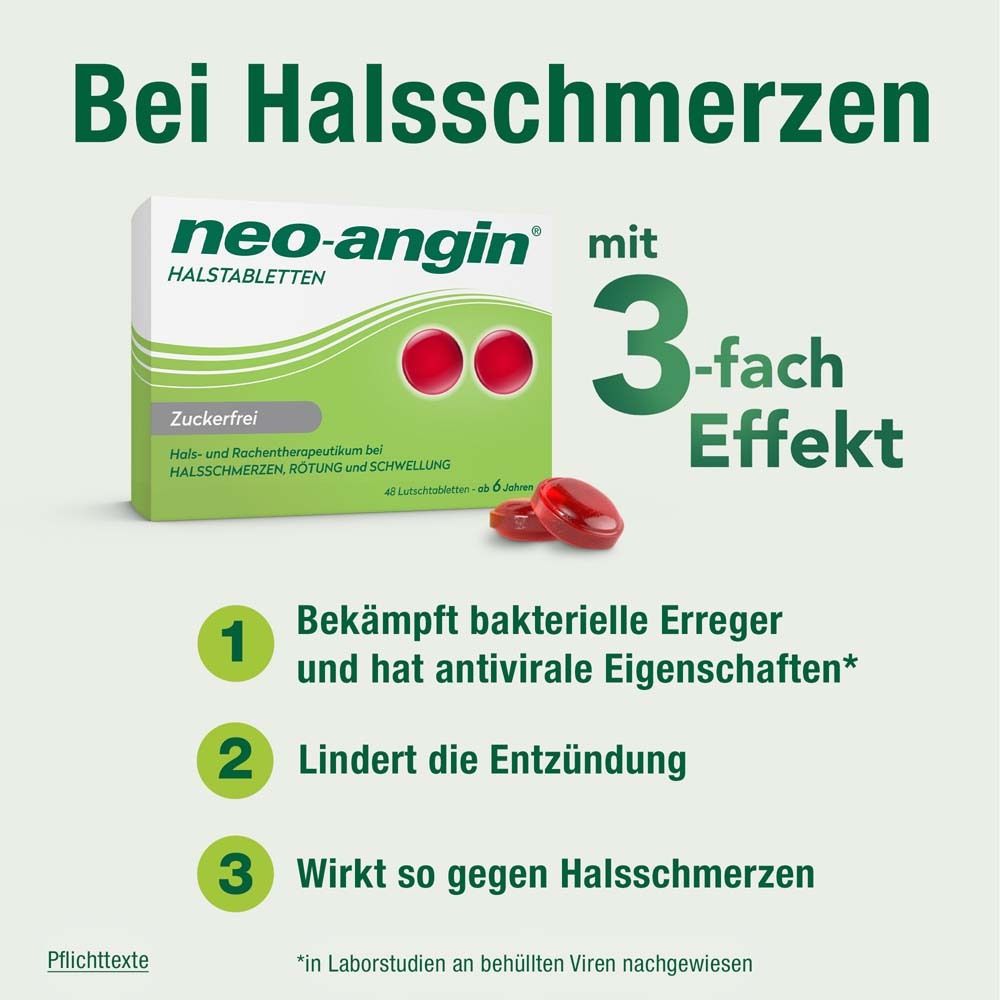 neo-angin Halstabletten-Packung mit drei-fach Effekt. Rote Tabletten liegen daneben. Text auf grünem Hintergrund.