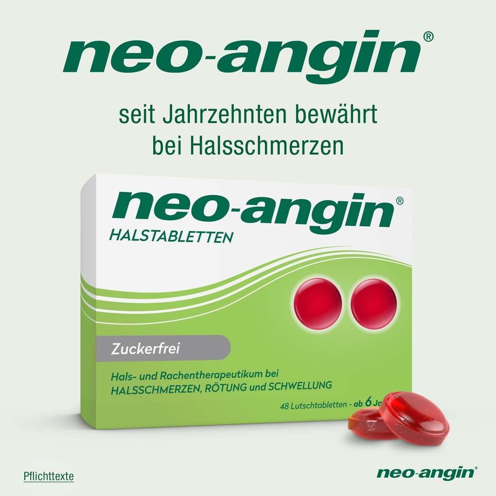 neo-angin Halstabletten-Packung mit roten Tabletten. Text: seit Jahrzehnten bewährt bei Halsschmerzen.