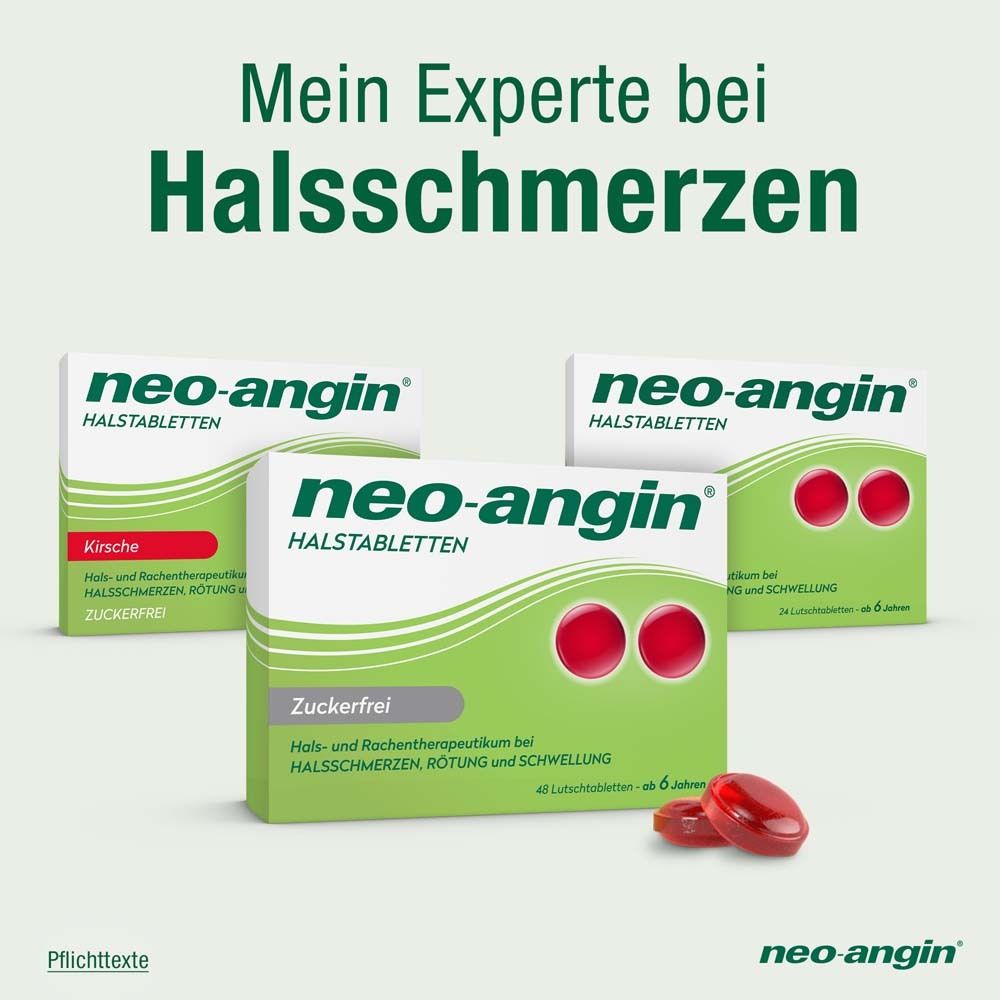 Drei Packungen neo-angin Halstabletten. Rote Tabletten liegen daneben. Text: Mein Experte bei Halsschmerzen.